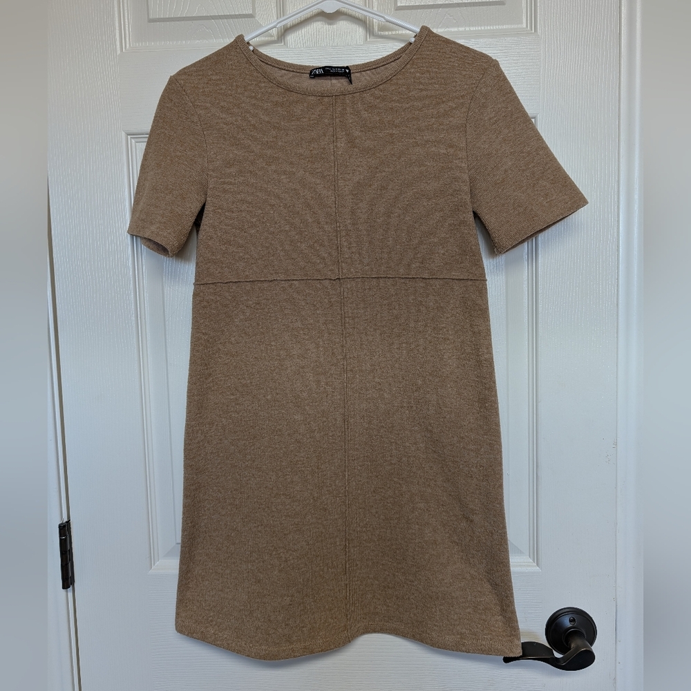 Zara Womens Camel Short Sleeve Knit Mini Sweater Dress S Neutral Quiet Luxury